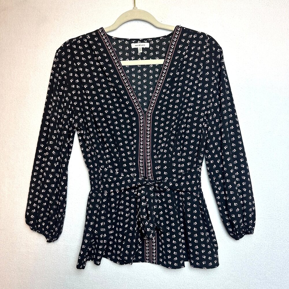 Max Studio Dark Floral Blouse Womens Small Babydoll Witchy Office Whimsigoth